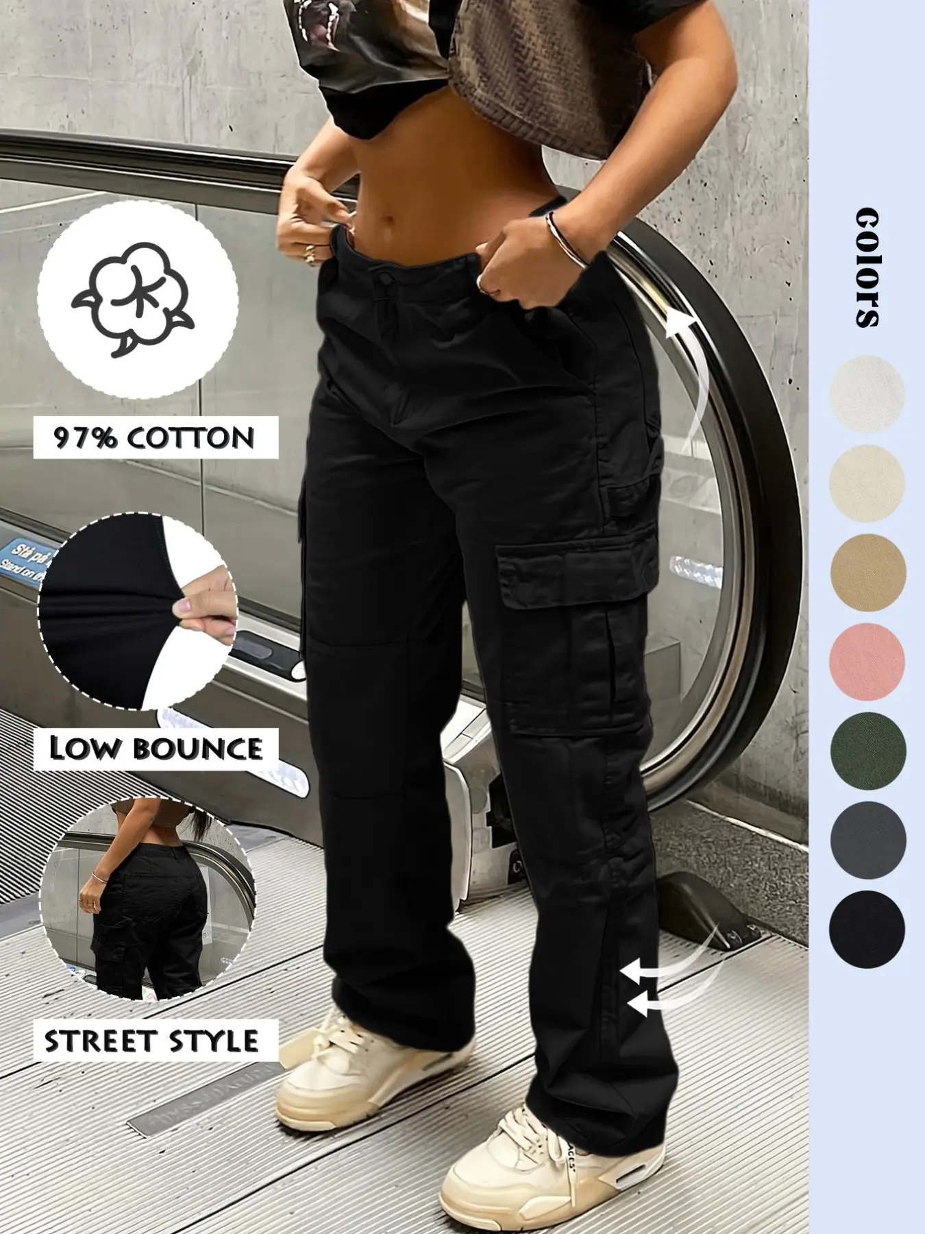Women's Y2K Style Multi-pocket Button Cargo Jeans, Casual Everyday Streetwear Baggy Loose Oversized Stretchy Cotton Woven Denim Jeans for Daily Wear, Ladies Bottoms Pants for All Seasons