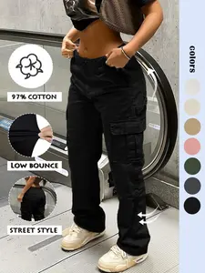 Women's Y2K Style Multi-pocket Button Cargo Jeans, Casual Everyday Streetwear Loose Cotton Denim Jeans for Daily Wear, Ladies Bottoms for All Seasons