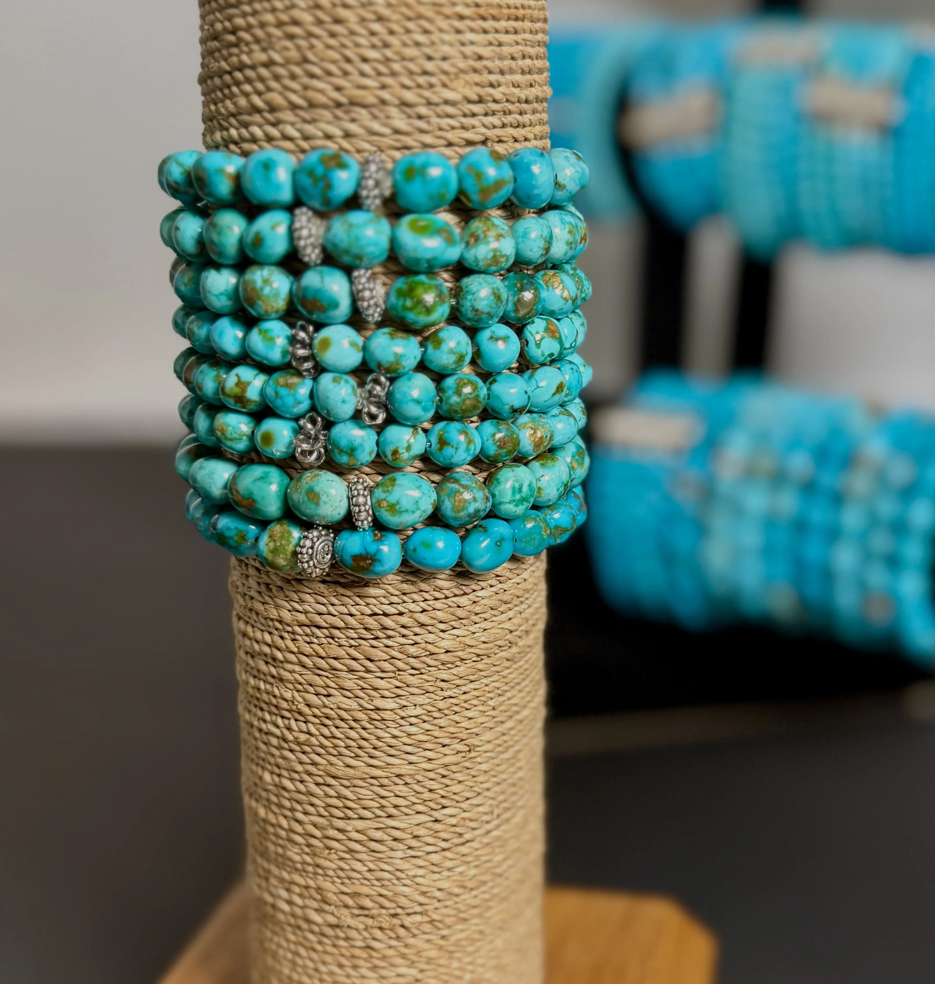 Sonoran Turquoise Stretch Bracelet, Genuine Baroque Shape Beaded Band with a Sterling Silver Spacer Accent for Women
