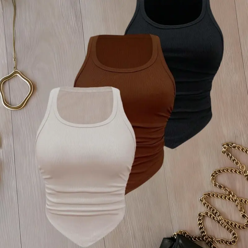 Women's Large Round Neck Solid Color Slim Fit Sleeveless Fashion Casual Tank Top Set, Three-Piece, Fitted Solid Sleeveless, Versatile and Stylish, Casual Chic Sleeveless, Casual Sleeveless Ribbed, Casual Basic Tanks, Sleeveless Clothing