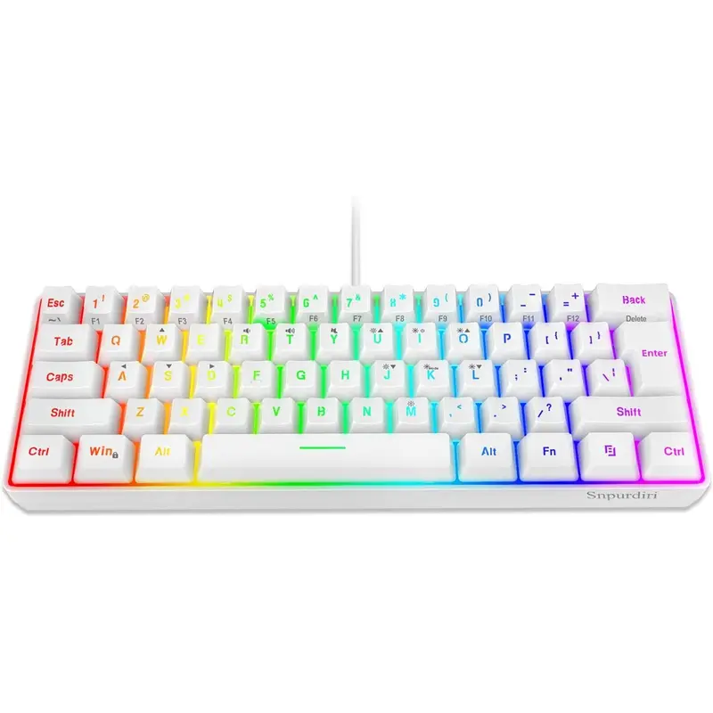 Snpurdiri 60% Wired Gaming Keyboard, 61 Keys RGB Backlit Ultra-Compact Mini Membrane Keyboard with Wrist Rest, Waterproof Ergonomic Plug & Play for PC Gamer White