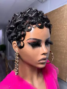 Women's Glue-Free Real Hair Wig, 180% Density Natural Curly Pixie Cut with Bangs, Rose Net Cap for Secure Fit, Easy Styling