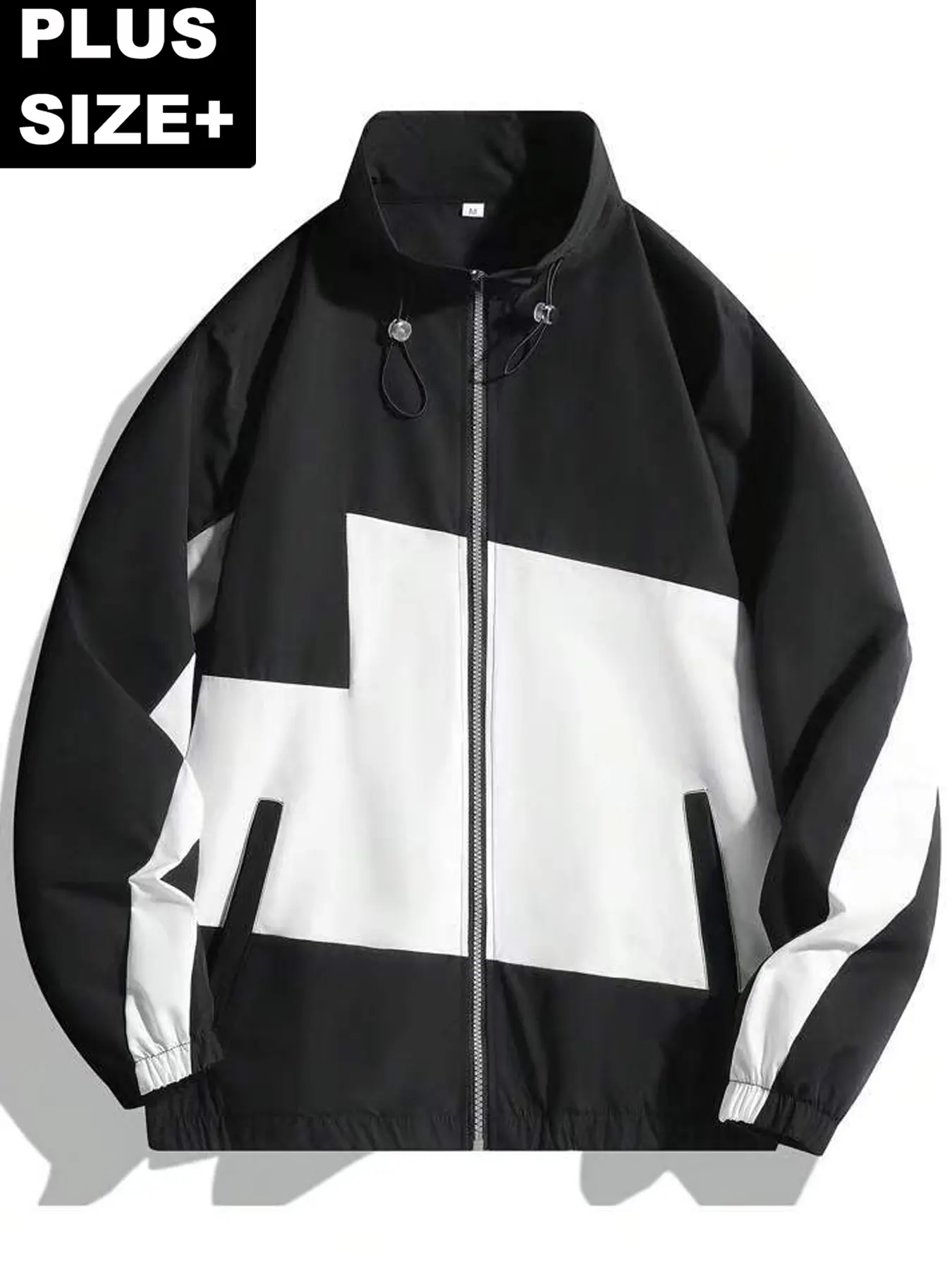 Men's Plus Size Colorblock Jacket, Casual Oversize Long Sleeve Polyester Hooded Zip-Up with Pockets, Menswear, Coats, Baggy, Oversized