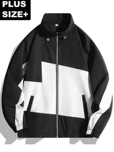 Plus Size+ Men's Black & Light Blue Colorblock Zip-Up Jacket with Drawstring Hood and Pockets