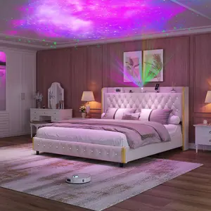 270 LED Lights Upholstered Bed frame with Wingback ,Leather, Velvet, Queen,Full,King