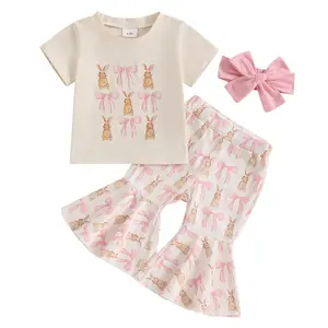 Toddler Baby Girl Easter Outfit Short Sleeve Bunny Shirt Top Bell Bottoms Pants Kids Easter Clothes Summer