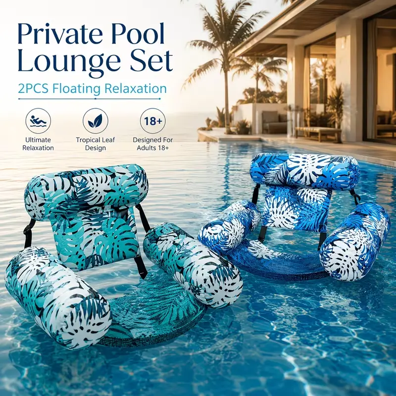 2 Pack Floating Pool Lounge Chair Inflatable Water Float Hammock with Headrest Adult Foldable Swimming Pool Float Recliner Tropical Leaf Pattern Lake River Beach Water Relax Float Seat for Summer Outdoor Pool Party Water Entertainment