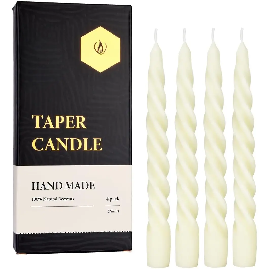 Beeswax Taper Candles Set of 4,Spiral Taper Candle Dripless Short Candle Sticks for Dinner Wedding Party Christmas  Decorations - 7 inch in Height-
