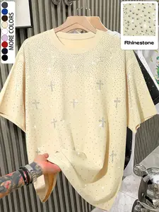 Unisex Rhinestone Cross Pattern T-Shirt, Street Style Glam Top, Sparkling Fashion Design, Perfect for Daily Wear & Night Out