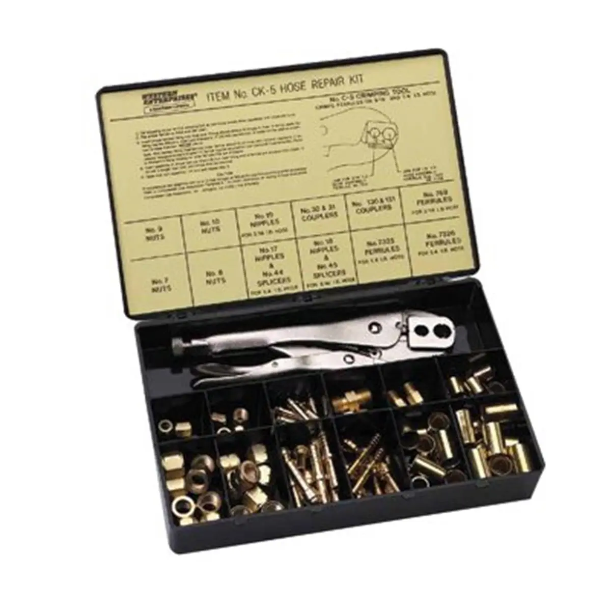 Western Enterprises Hose Repair Kit with W-C-5 Crimping Tool, B-Size Compatibility, Color Label, Description Chart, Fast Easy Concave Crimp Function, Inches Measurement, 1 Kit, Hose I.D.: 1/4", Multiple Pieces, Strong Connections for Repairing