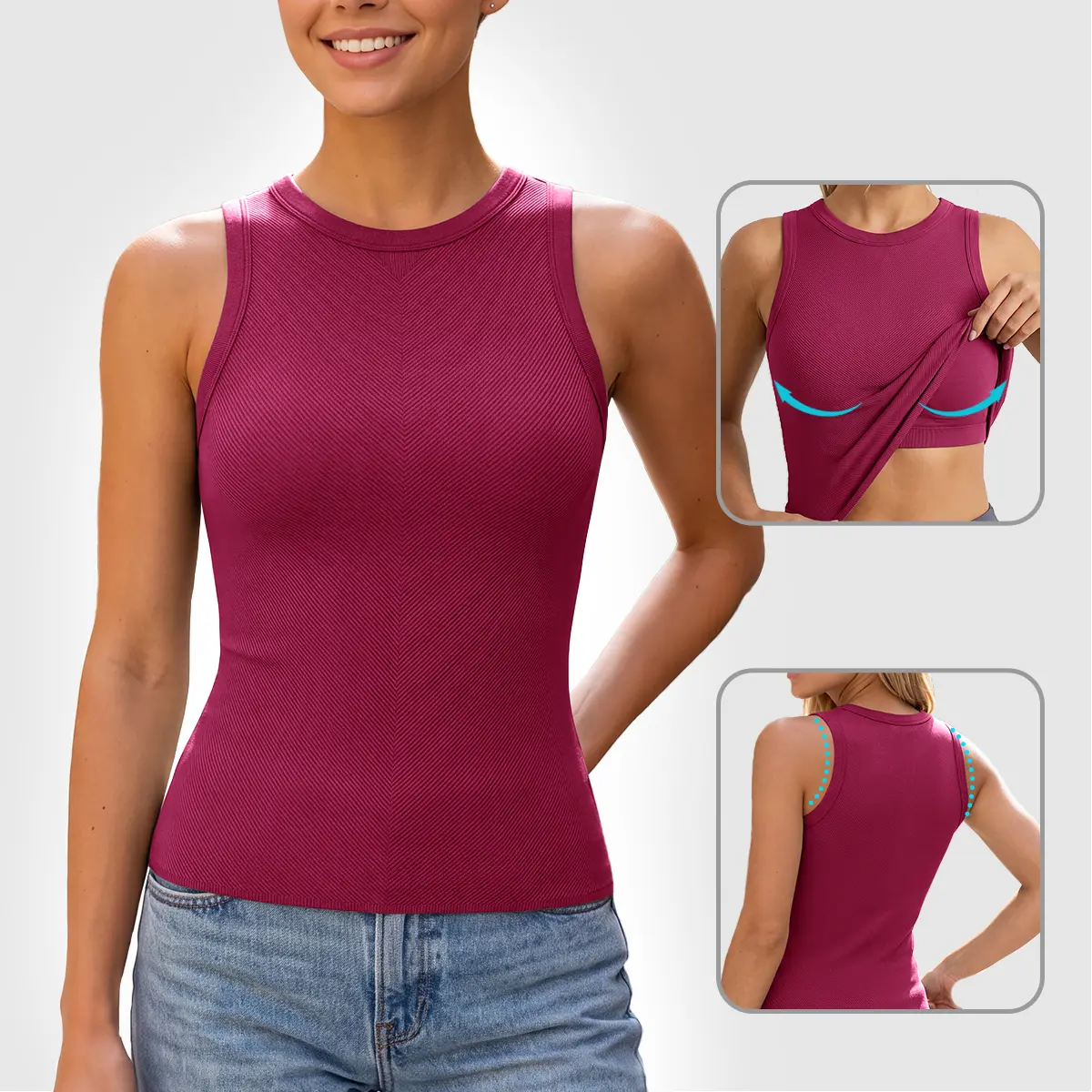 ATTRACO Ribflex Fixed Bra Ribbed Tank Top for Women | No-Move Built-In Cups & Seamless Workout Top | Slim Fit Athletic Shirt for Yoga, Gym & Casual Wear Straps Soft