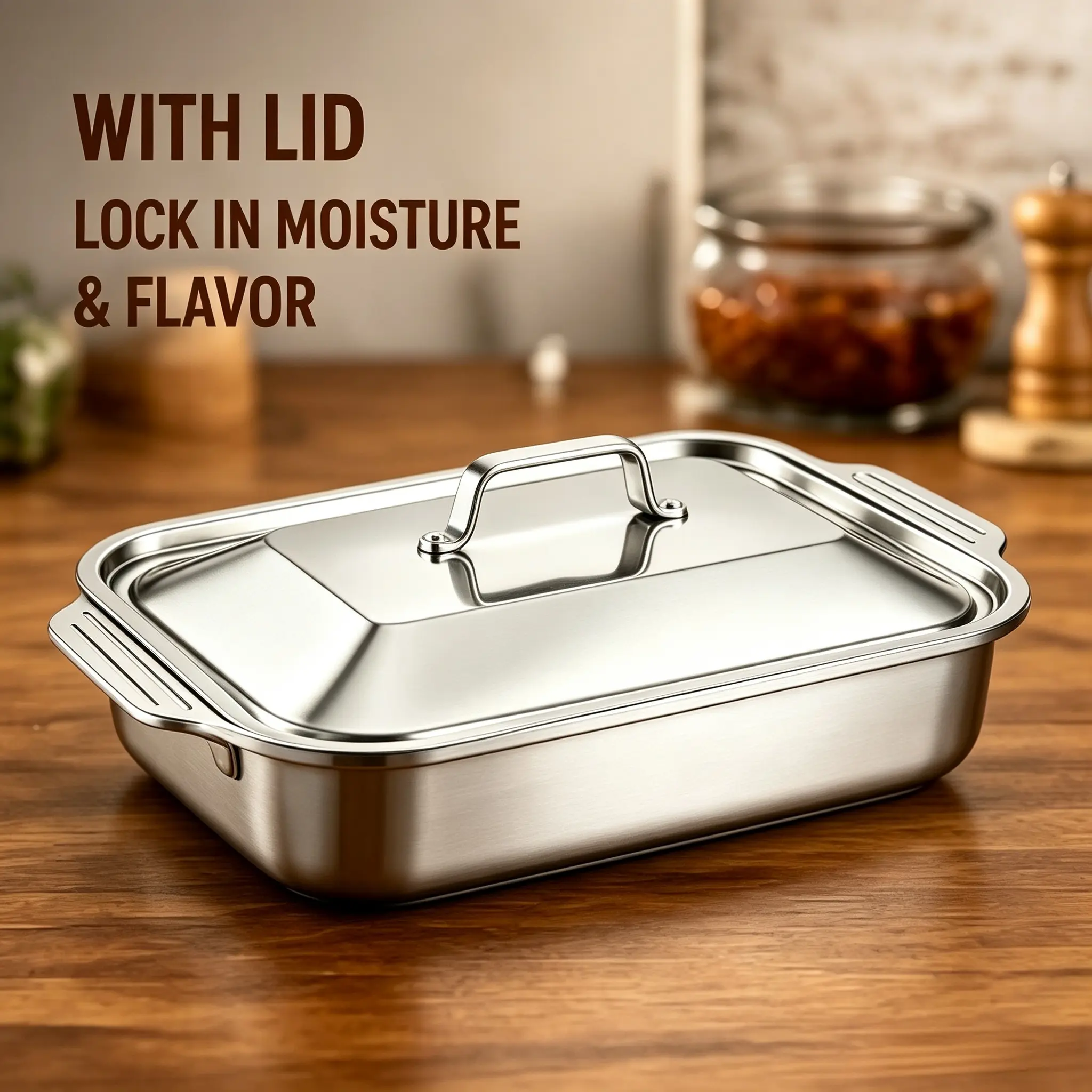 6-Piece Set 3 Roasting Pans & 3 Lids Extra Large Heavy Duty Stainless Steel Serving Tray Set Nonstick Deep Plates for Turkey Chicken Fish Meat Dishwasher Safe