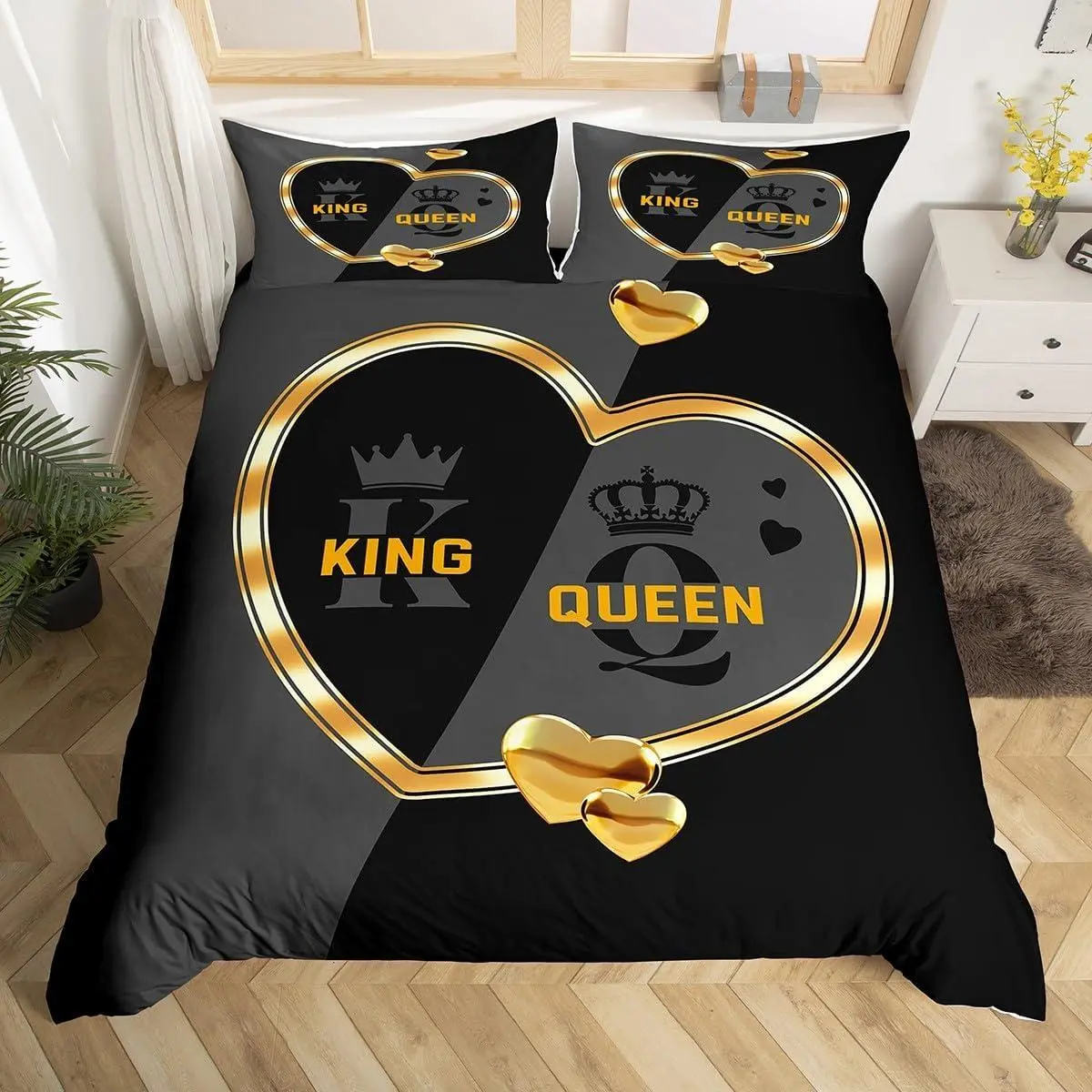and Crown Duvet Cover Set,Romantic Gold White Loving Heart Bedding Set,Couple Lover Gray and Black Comforter Cover,Wedding Bed for Adults Men Women Bedroom Decor