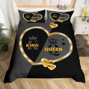 and Crown Duvet Cover Set,Romantic Gold White Loving Heart Bedding Set,Couple Lover Gray and Black Comforter Cover,Wedding Bed for Adults Men Women Bedroom Decor