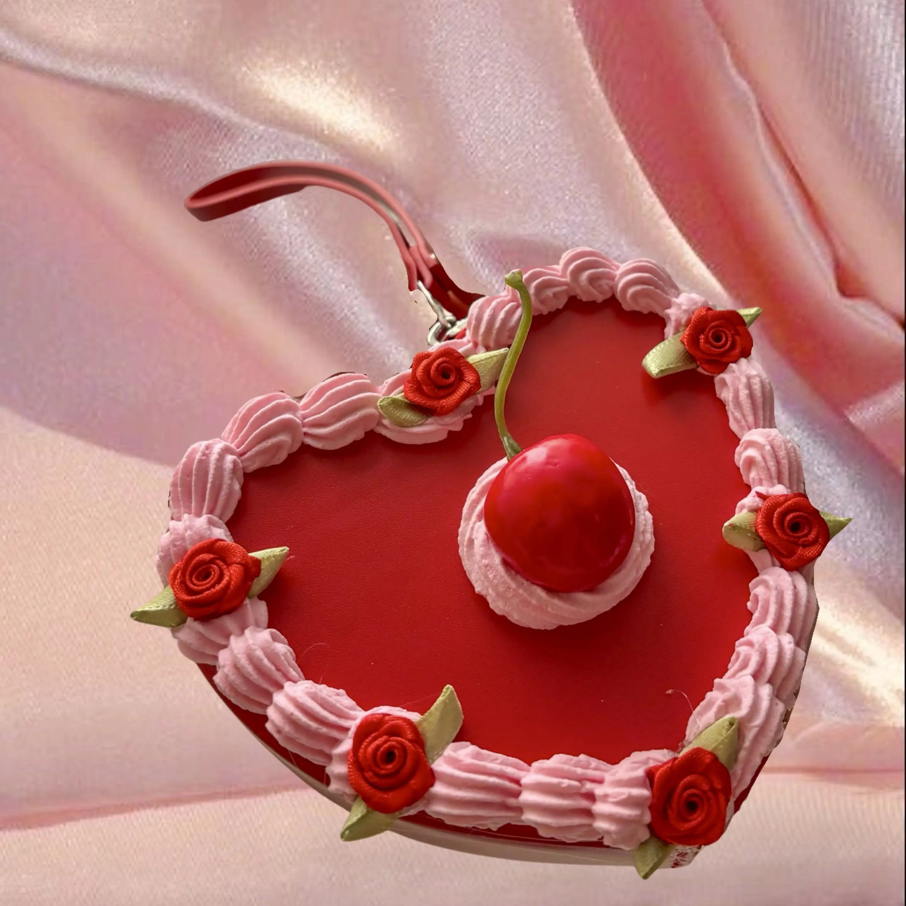 Fake Cake Cherry Coin Purse - Heart Shape Wristlet, Dopamine Fashion Statement Piece, Ideal for Everyday Use