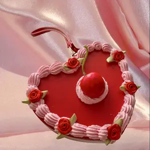 Fake Cake Cherry Coin Purse - Heart Shape Wristlet, Dopamine Fashion Statement Piece, Ideal for Everyday Use