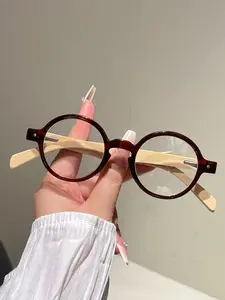 Women's New Round Frame Fashion Glasses, Trendy Casual Eyeglasses, Trendy Simple Vintage Style, Faux Wood Texture Temple Decor, Casual Accessories