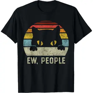 100% Cotton Ew People Retro Cat Funny Vintage Anti Social Introvert T-Shirt