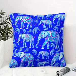 Royal Blue Floral Elephant Print Throw Pillow with Inner Cushion, 45cm Square, Zipper Closure, Bohemian Theme Throw Pillow, Soft Comfortable Decor for Bedroom & Sofa, Ethnic Style Soft Furnishings, Creative Decorative Cushion