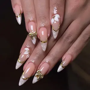 (MTO) BubbleNailArt Elegant Pearl French Tip 3D Hand-Sculpted White Flower Gold Bow Handcrafted Wearable Nail Art Fashion Hand Accessories