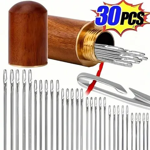 Self-threading Needle Set, 30pcs/set Multi-purpose Household Hand Sewing Needle with Wooden Needle Case, Sewing Supplies for Home & Cloth Shop Use