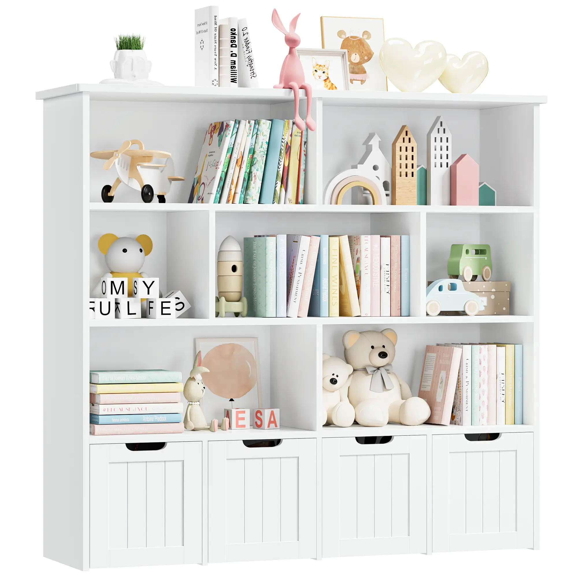 Toy Storage Organizer with Movable Drawers, Toy Storage Toy Organizer Kids Bookshelf with Hidden Wheels and  Open Cubbies, Playroom Storage