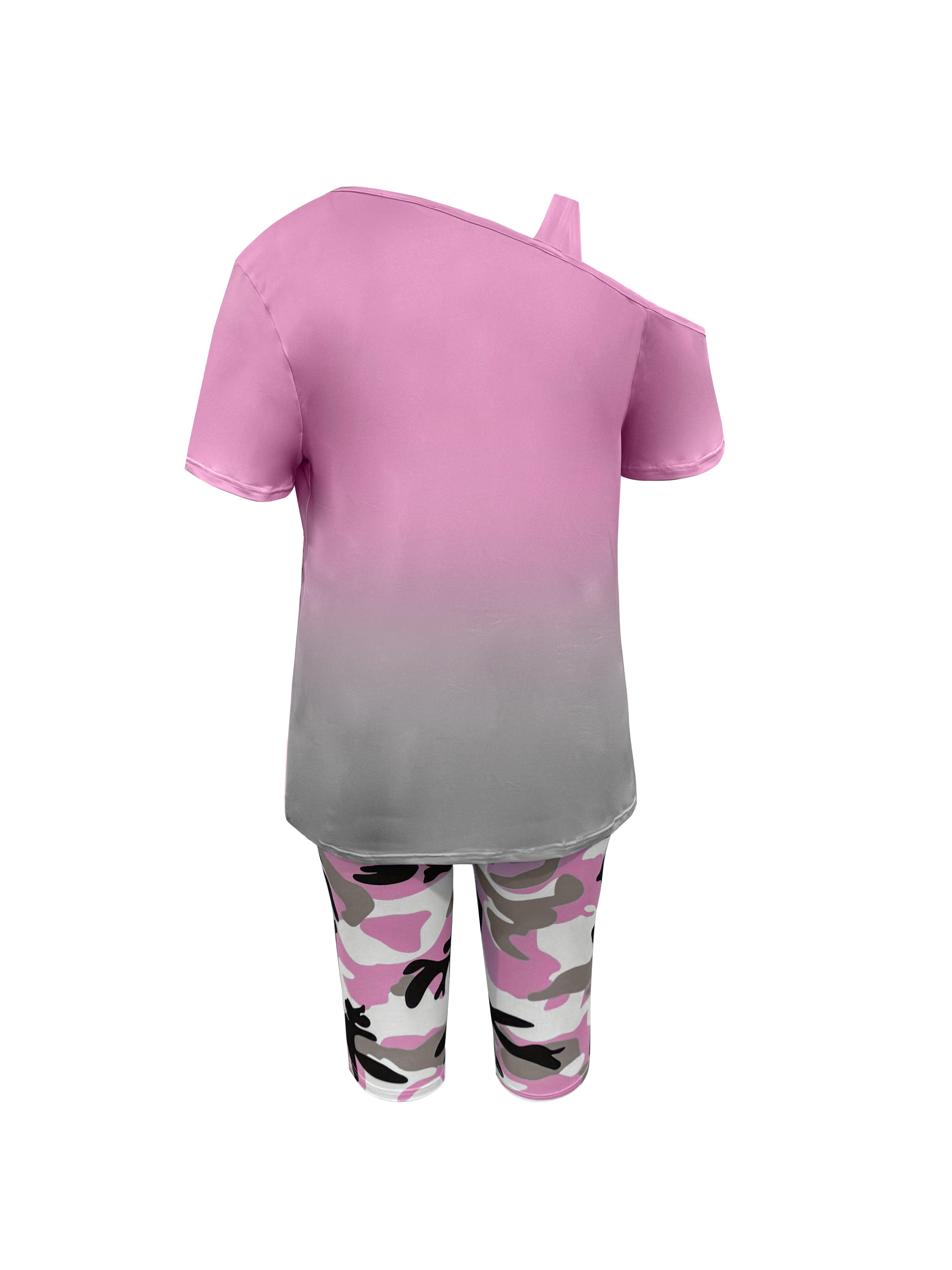 Women's 2-Piece Casual Chic Cowl Neck Shortsleeve Outfits - "Queen" Lettering Camisole, Camouflage Shorts, Casual Vacation Wear, Casual Chic Set