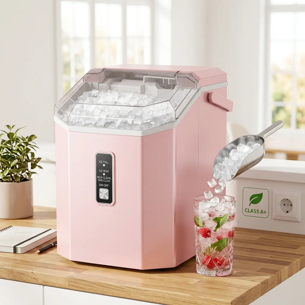 OMNIRA Countertop Nugget Ice Maker - 35lbs/24h Stainless Steel Electric Sonic Ice Machine with Self-Cleaning, 1-Click Operation, Handle, Portable for Home, Office, Bar