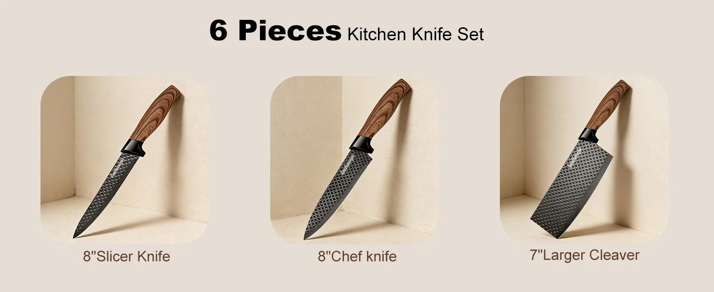 Knife Set with Gift Box, 6-Piece Kitchen Knife Set - Stainless Steel Ultra Sharp Chef Knife Set, Healthy Anti-Rust Coating, Anti-Rust Non-stick, Ergonomic Wood Grain Handle, Dishwasher Safe #Summervibes