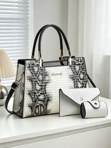 Women's Crocodile Texture Handbag Set, 3-Piece Color-Block Large Capacity Tote Bag, Fashionable Shoulder Crossbody Bag, Birthday & Mother's Day Gift