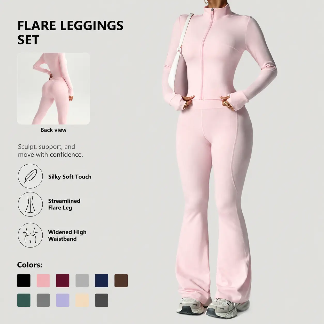 Women's 2-Piece Naked-Feel Yoga Set - Zippered Long-Sleeve Jacket, High-Waisted Flared Pants, Solid Halter Top, Soft-Touch Performance Activewear for Fitness