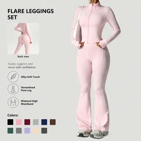 Women's 2-Piece Naked-Feel Yoga Set - Zippered Long-Sleeve Jacket, High-Waisted Flared Pants, Solid Halter Top, Soft-Touch Performance Activewear for Fitness Workout Outfits Summer Sport Set Tight Fitting Sportswear