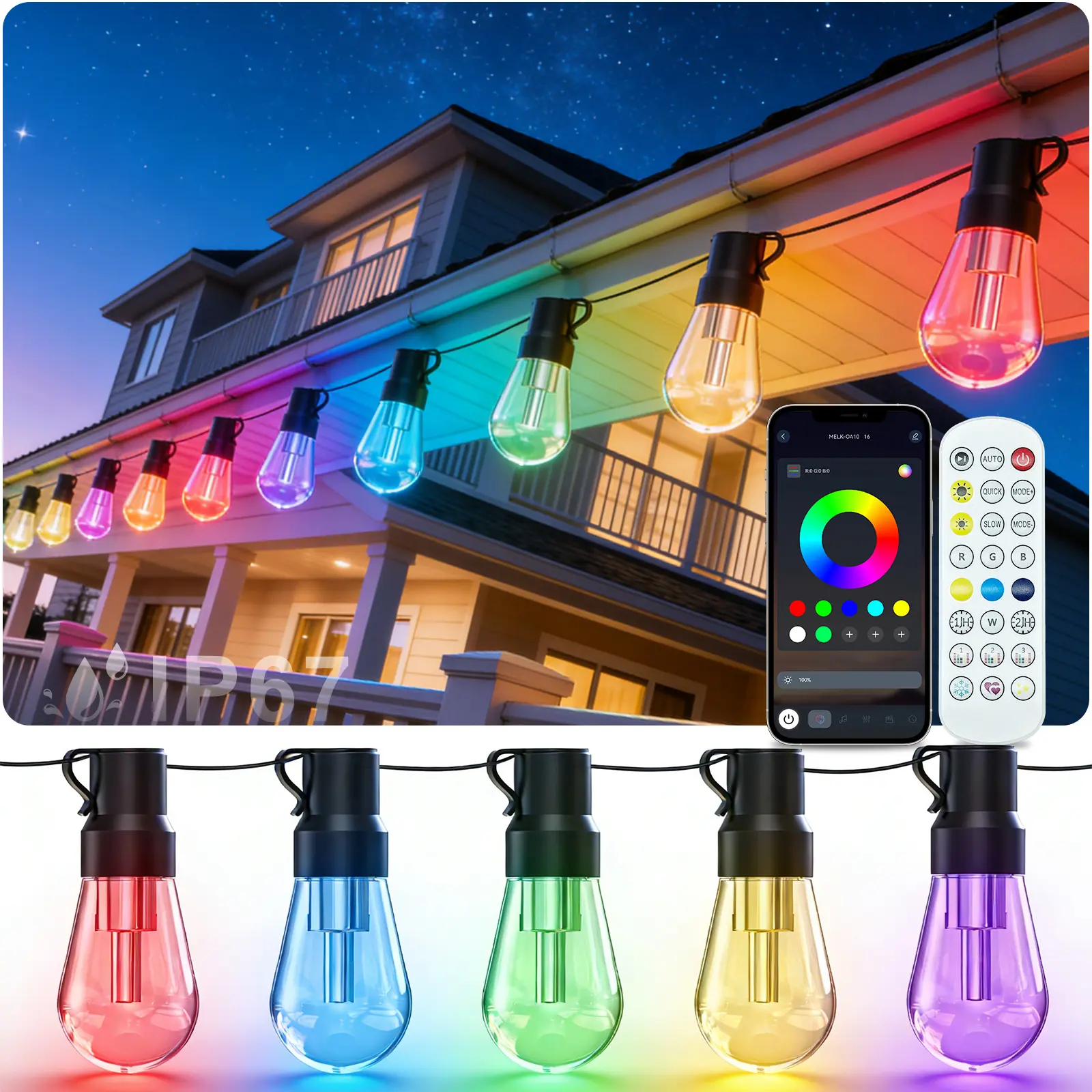 RGB+IC, Outdoor String Lights, IP67 Waterproof, Patio Lights, App & Remote Control, with Poles, Bulb String Lights, Backyard Party Decor