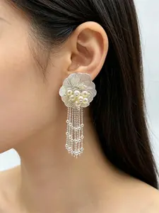 Vintage Elegant Silver Color 3D Flower Pearl Fringe Earrings, Silver Color Flower Studs, Women's Gift Jewelry, Fashion Accessory