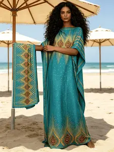1 Dress + 1 Scarf Set, Peacock Blue Feather Print Kaftan, Bohemian Style, Loose-Fit, Casual, Perfect for Parties and Vacations