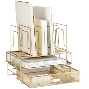 BLU MONACO Gold Desk Organizer - Gold Desk Accessories Set for Women Office - Includes Detachable File Organizer, Stackable Paper Tray & Drawer - Gold Office Supplies for Desk - 14.25" x 9.8" x 13.2",