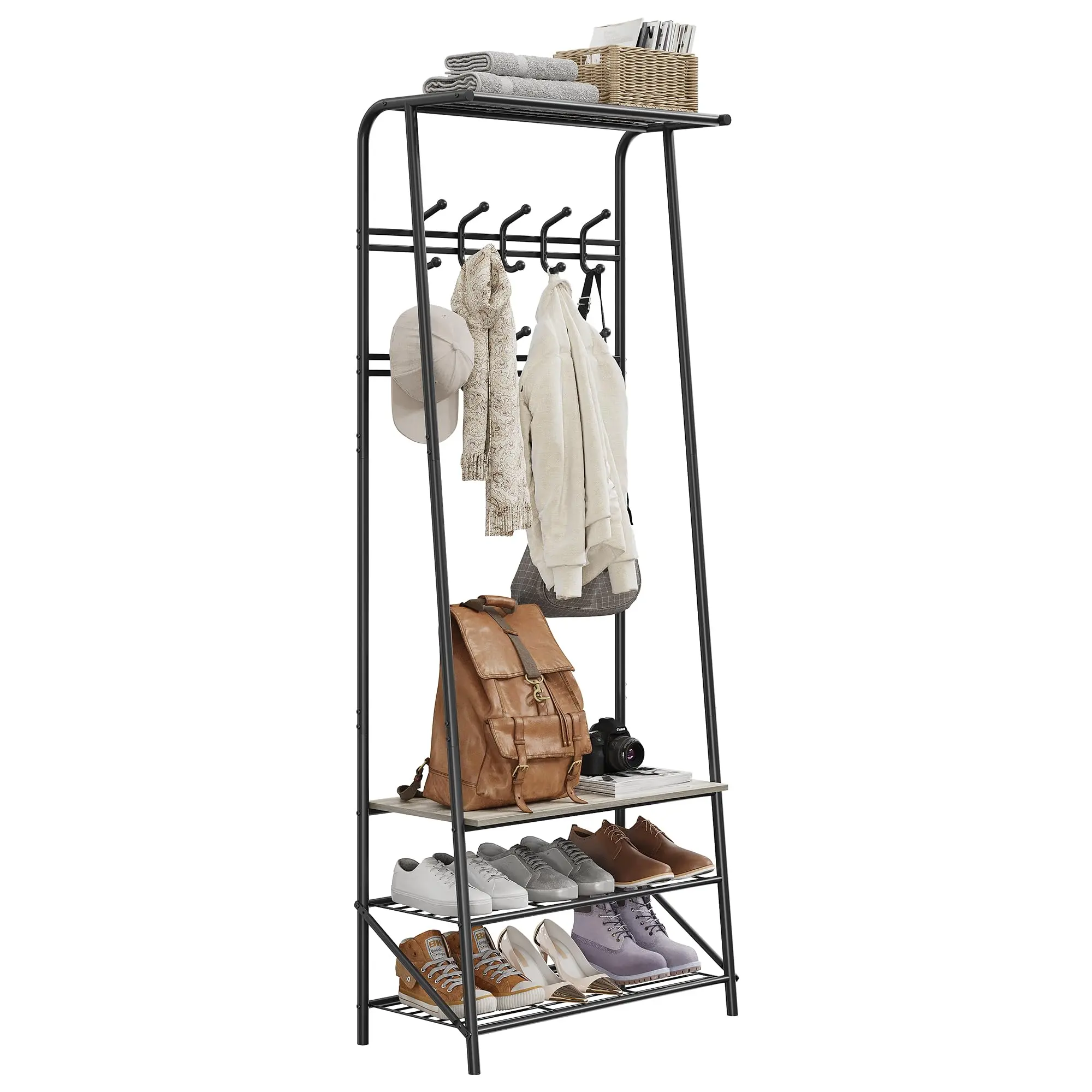 Garvee Coat Rack with Shoe Shelf, Hallway Cabinet with Hanger, Steel Frame, Solid Freestanding Hallway Cabinet, Industrial Style 64x29x180cm