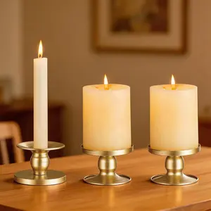 Pillar & Taper Dual Candle Holder: Fit 3"D and 0.87"D Candles - Stable Wide Base & Easy Clean - Smooth Metal Texture Candlestick for Wedding Home Holiday Table Centerpiece Decor - Set of 3 Gift (Gold)
