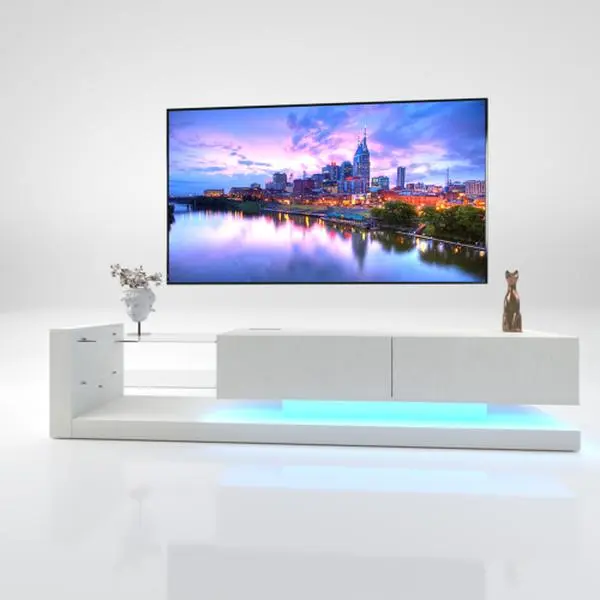 Bellemave 75-in Sturdy Minimalist TV Stand - TV Console Table with Storage Cabinets, 31-Mode Full RGB Lights, Remote Control, APP Control, USB Ports, Waterproof, Living Room Furniture, White Decor