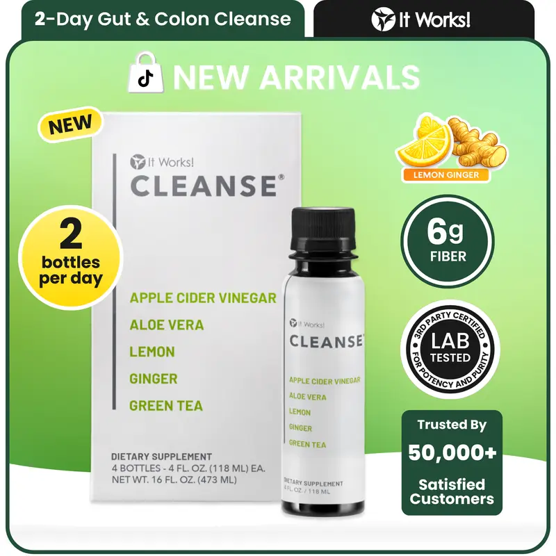 IT WORKS! Cleanse 2-Day Gut & Colon Detox Elixir - 4 Servings - Digestive Health Support & Liver Detox - Apple Cider Vinegar, Aloe Vera, Lemon, Ginger, Green Tea & Chicory Inulin with Vitamins B6 & B12 plus Magnesium - 16 fl oz