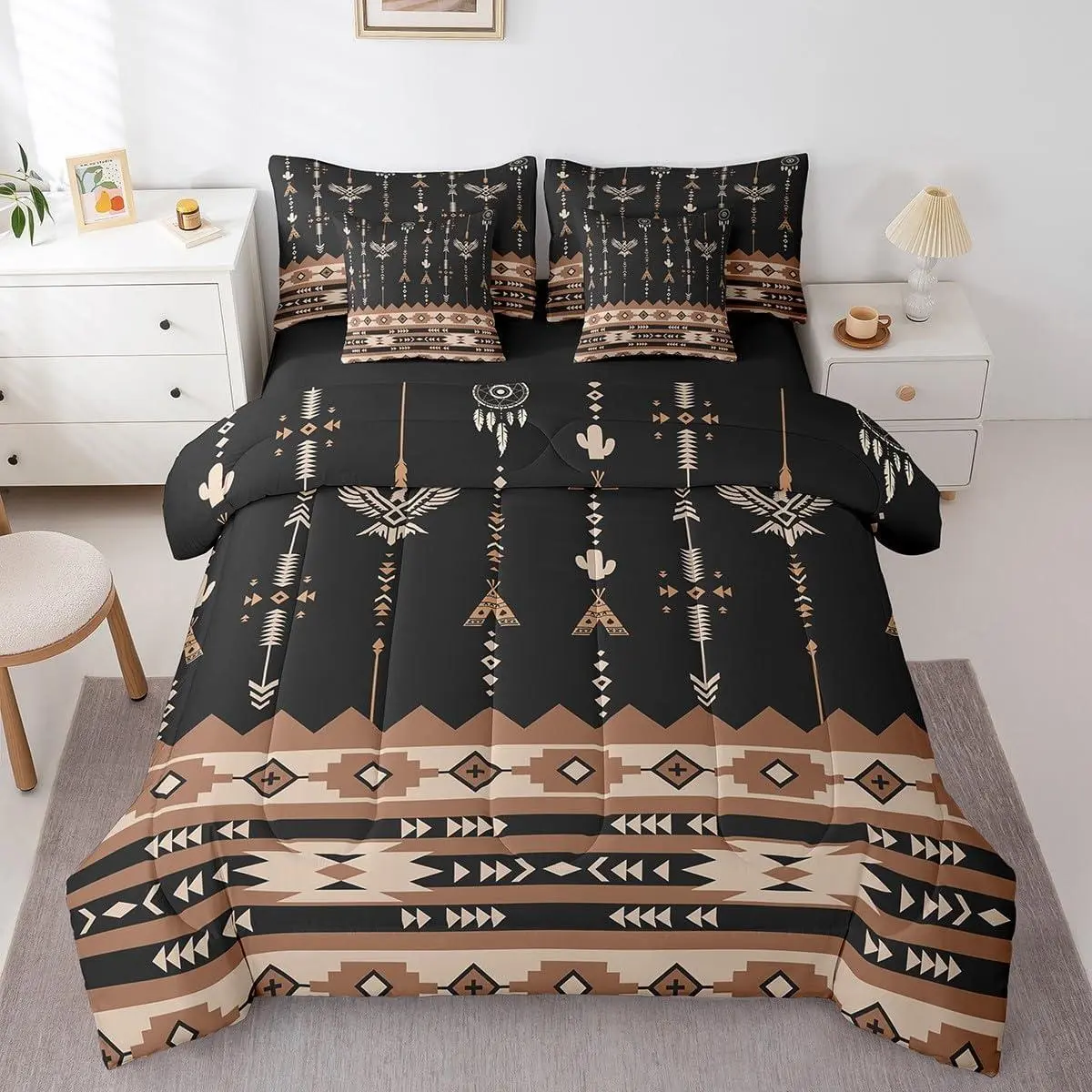 Black Brown Southwestern Aztec 7 Piece Bedding Set Boho Western Comforter Set with Sheets Boys Girls Vintage Geometric Tribal Bed in a Bag