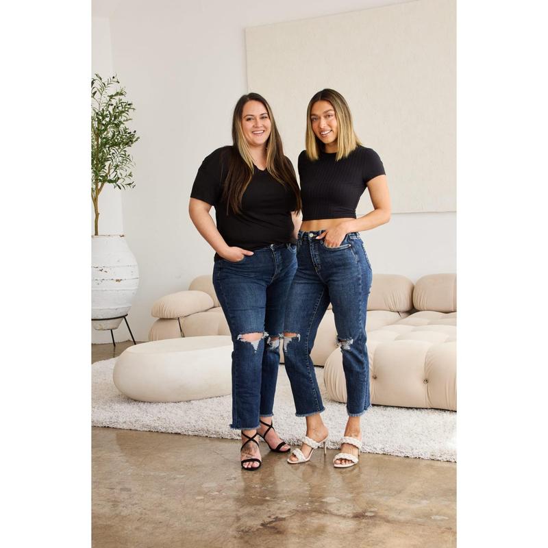 RFM Crop Dylan Full Size Tummy Control Distressed High Waist Raw Hem Jeans