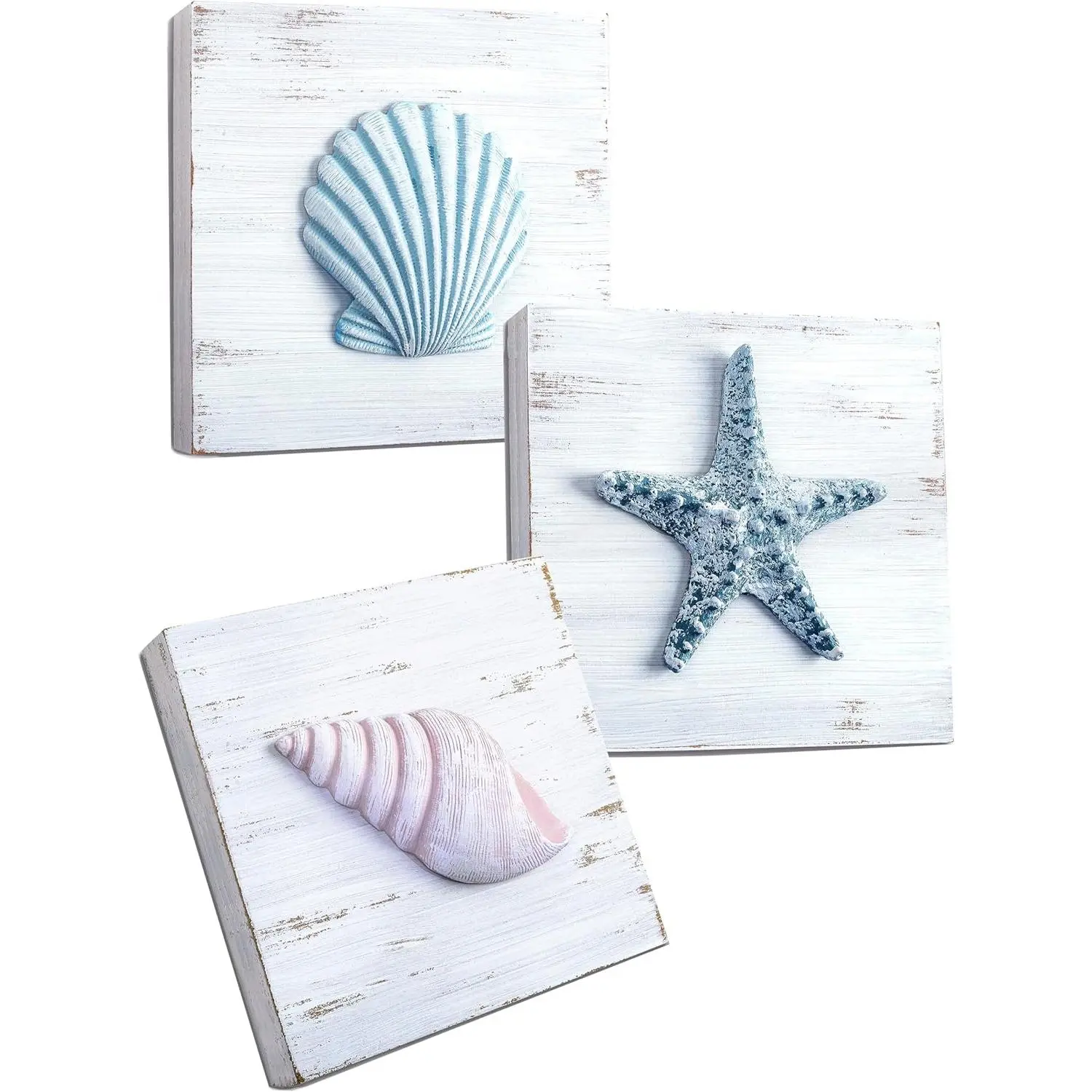 6"x6" Set of 3 3D Beach Wall Art - Seashell and Starfish Artistic Coastal Decor, Ocean-Inspired Ornaments for Bathroom, Living Room Home Decoration