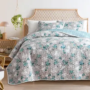 Botanical Set King Size, 3 Pieces Grey and Aqua Elegant Floral Printed Summer Bedding Set, Soft Microfiber Lightweight Bedspread/Coverlet for All Season - 104"x90"