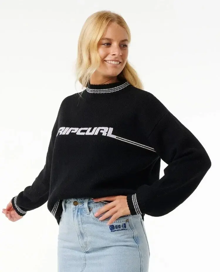 Ripcurl L Black Ripcurl Womens The Search Turtleneck Knit Pullover Sweater Top with Logo Design