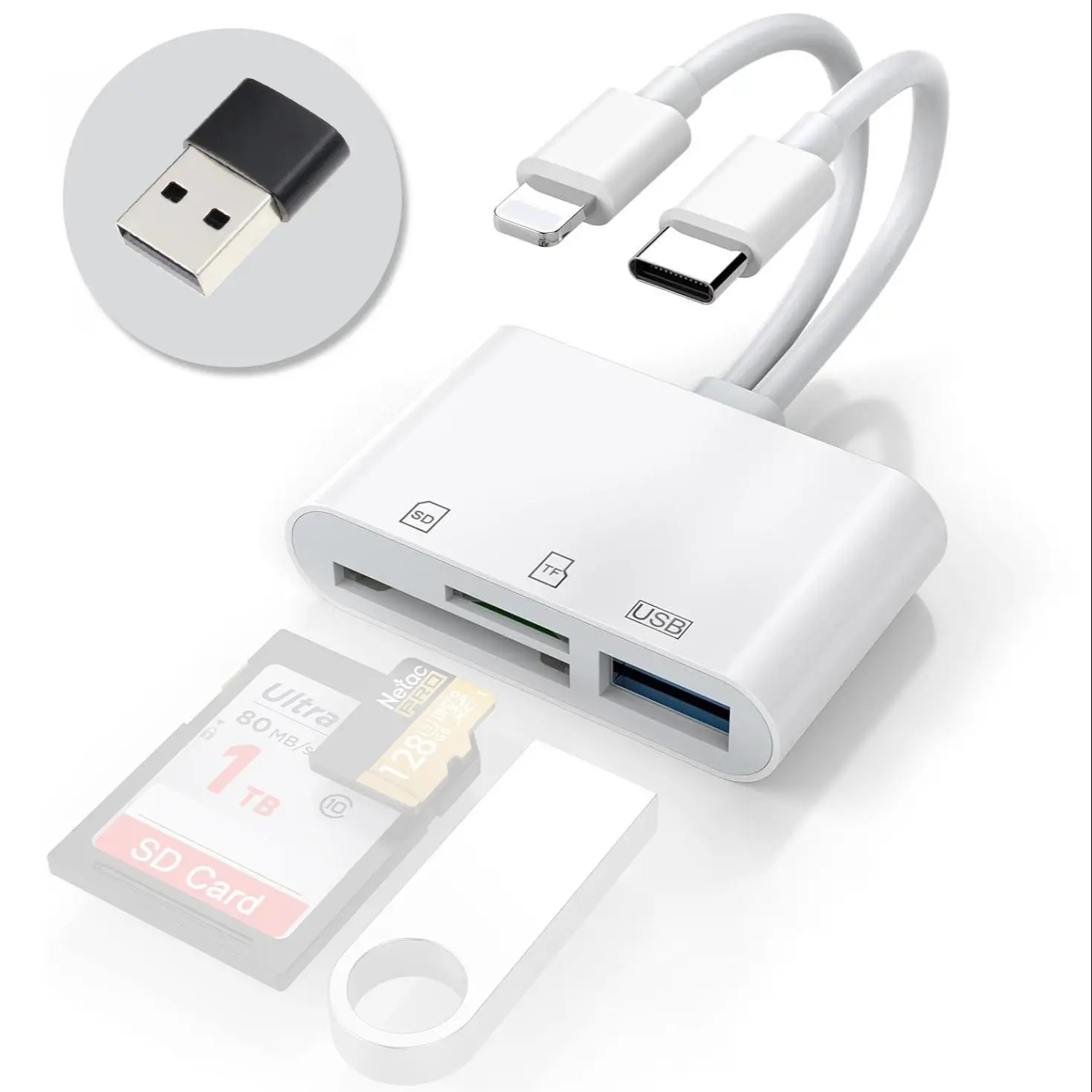 Spring Type-C To SD/TF/USB OTG Card Reader With Type-C to USB Adapter, Instant Data Transfer Card Reader, USB HUB Adapter For Macbook IOS And Android