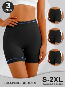 3 Pack Lace Trim Anti-Chafing Safety Shorts, Breathable Skin-Friendly No Sweaty, Tummy Control Butt Lifting No Rolling Edge, With Pocket For Daily Commute Dress Wear, Chic Elegance Womenswear