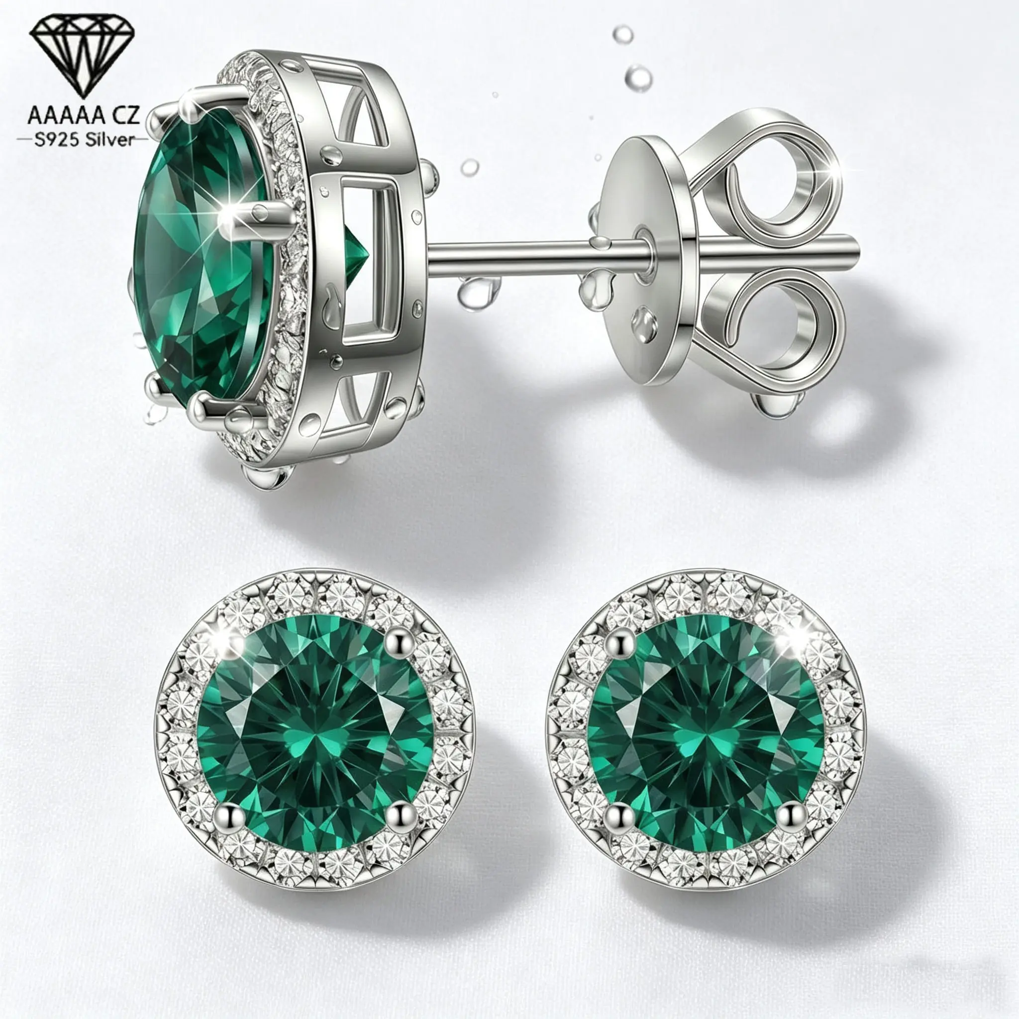 S925 Sterling Silver Emerald Stud Earrings, Hypoallergenic 14K Gold-Plated — Unisex — Romantic Birthday Gift for Wife, Suitable for Daily Wear (Mother's Day Gift Idea)