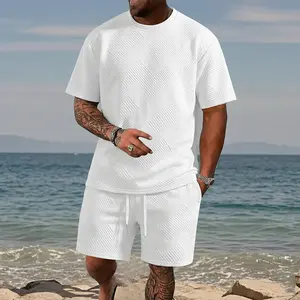 Men's 2-Piece Loose-Fitting Clothing Set - Diamond Jacquard Short-Sleeve Round Neck Going Out Tops & Drawstring Shorts, Breathable Summer Casual Beach Outfits for Vacations