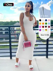 Women's Sexy Plain Notched Neck Bodycon Tank Dress, Casual Basic Minimalist Comfort Long Dress for Lady Party Club Beach, Sleeveless Dresses for Women, Clothing, Lady Casual Wear, Vow Renewal Party Pink Dress, Womenswear, Nightclub, Summer Womenswear
